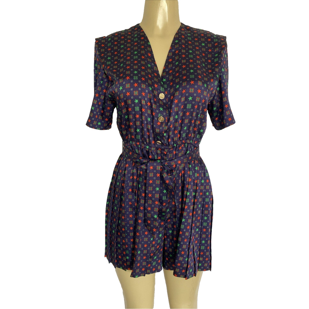 Sandro Curry Satin Romper Purple Star Print Short Sleeve Belt Pleat V Neck 38 - Picture 6 of 14